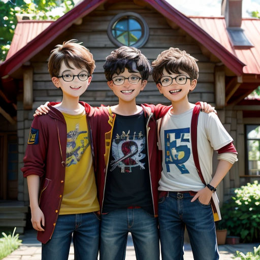 three boys are standing together in front of a house with a red roof and a red roof on the roof