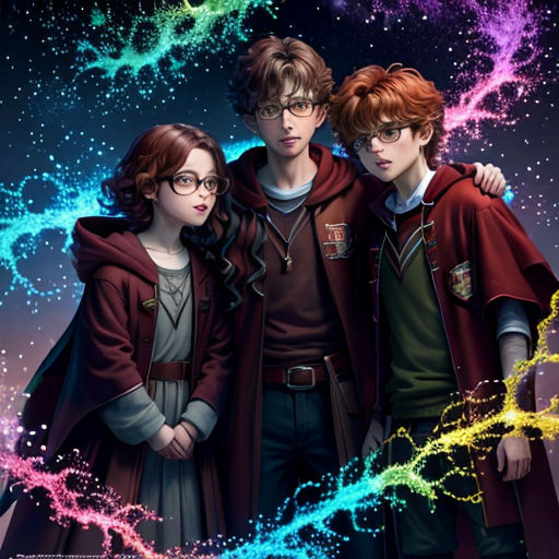 three harry potters standing next to each other in front of a galaxy background with stars and a crescent