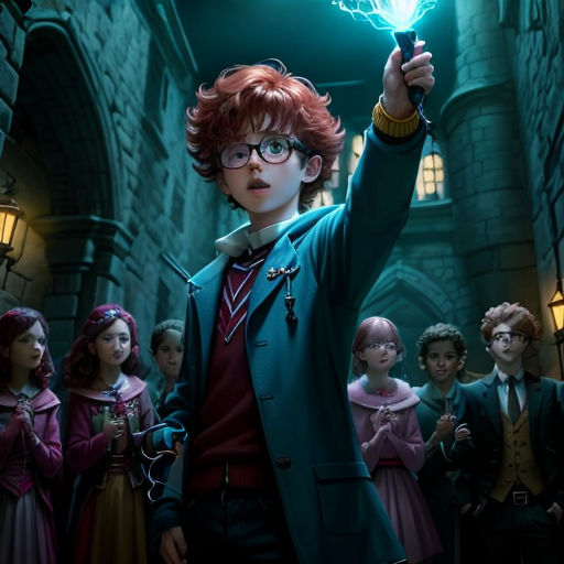 a harry potter movie poster with a group of children in the background holding a wand and a glowing light