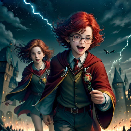 a harry potter poster with two girls running towards a castle with lightning in the background and a boy in the foreground