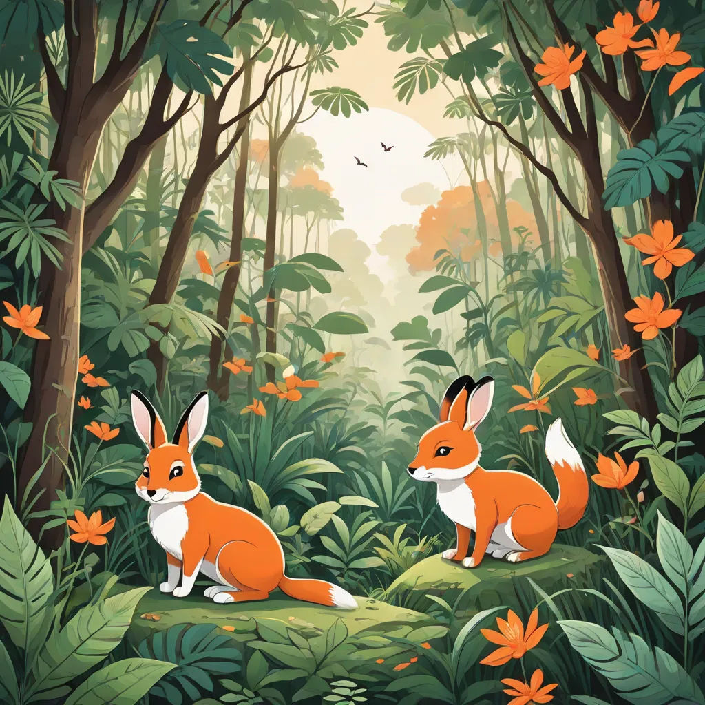 a painting of two foxes in a forest with flowers and trees in the background, with a bird flying overhead, furry art, a storybook illustration, Chris LaBrooy, rossdraws global illumination