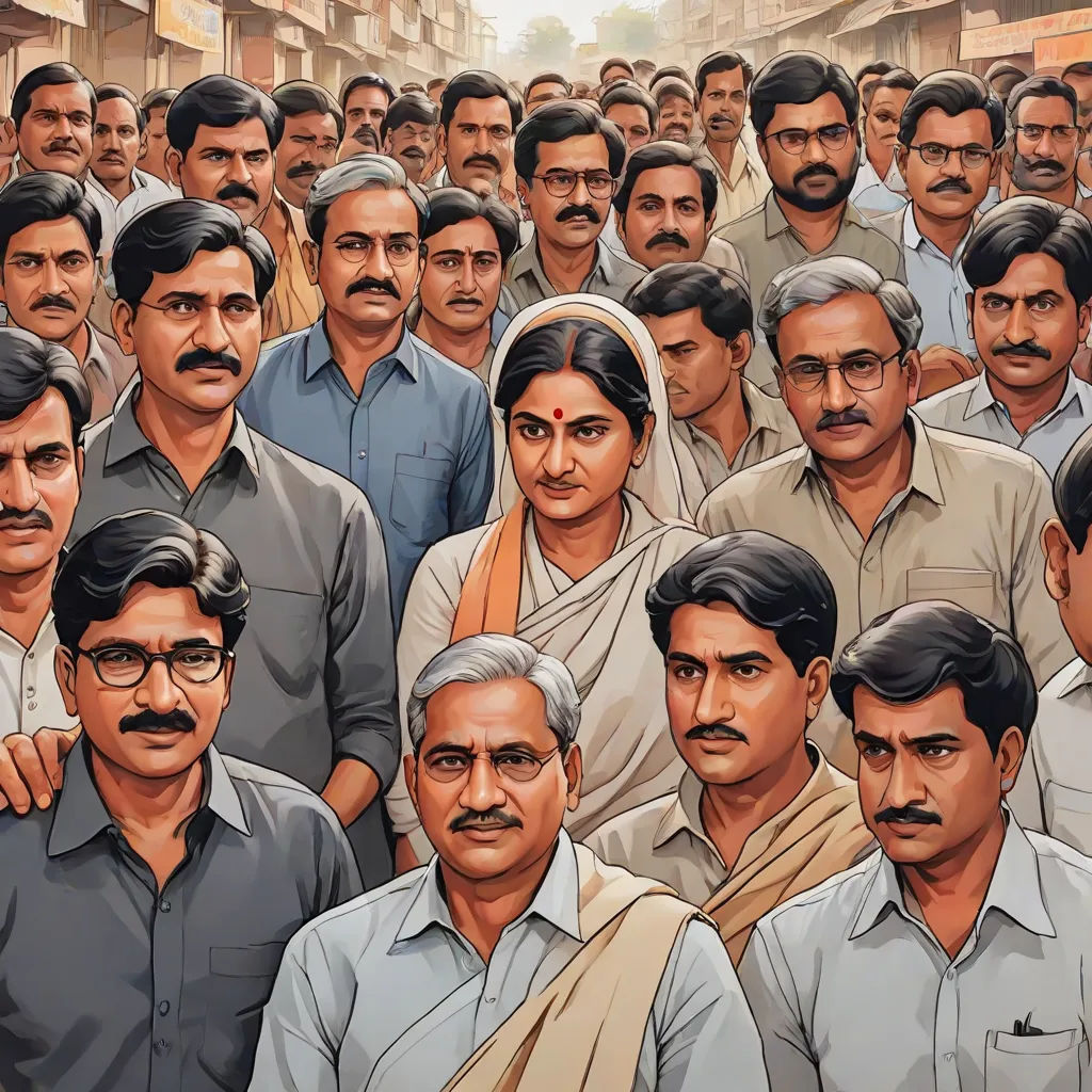 a crowd of people with a man in the middle of the picture with a mustache on his head and a woman in the middle of the picture, serial art, a detailed painting, Bhupen Khakhar, very detailed faces