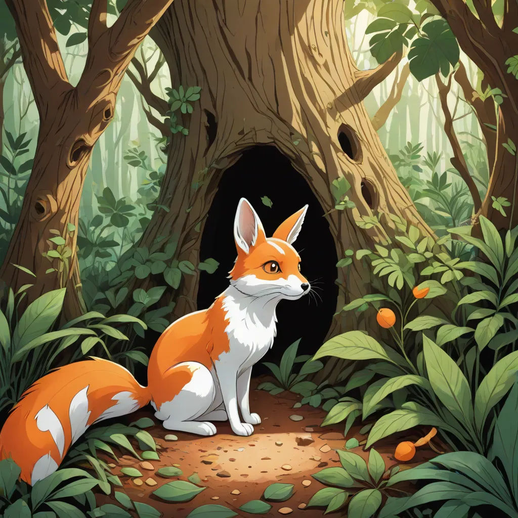 a fox sitting in the middle of a forest with a hole in the ground for a tree to grow, fantasy art, a storybook illustration, Brom, storybook illustration