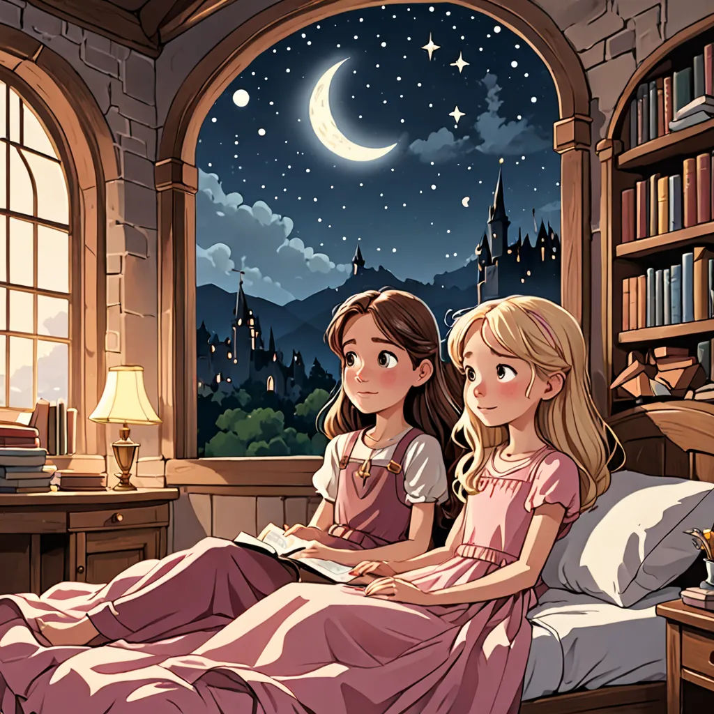 two girls sitting on a bed looking at a book in a window with a view of the night sky, fantasy art, a storybook illustration, Cliff Childs, storybook illustration
