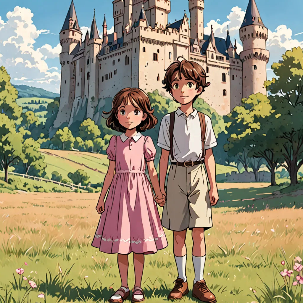 a boy and a girl standing in front of a castle with a pink dress on and a pink dress on, magical realism, a storybook illustration, Brothers Hildebrandt, ghibli