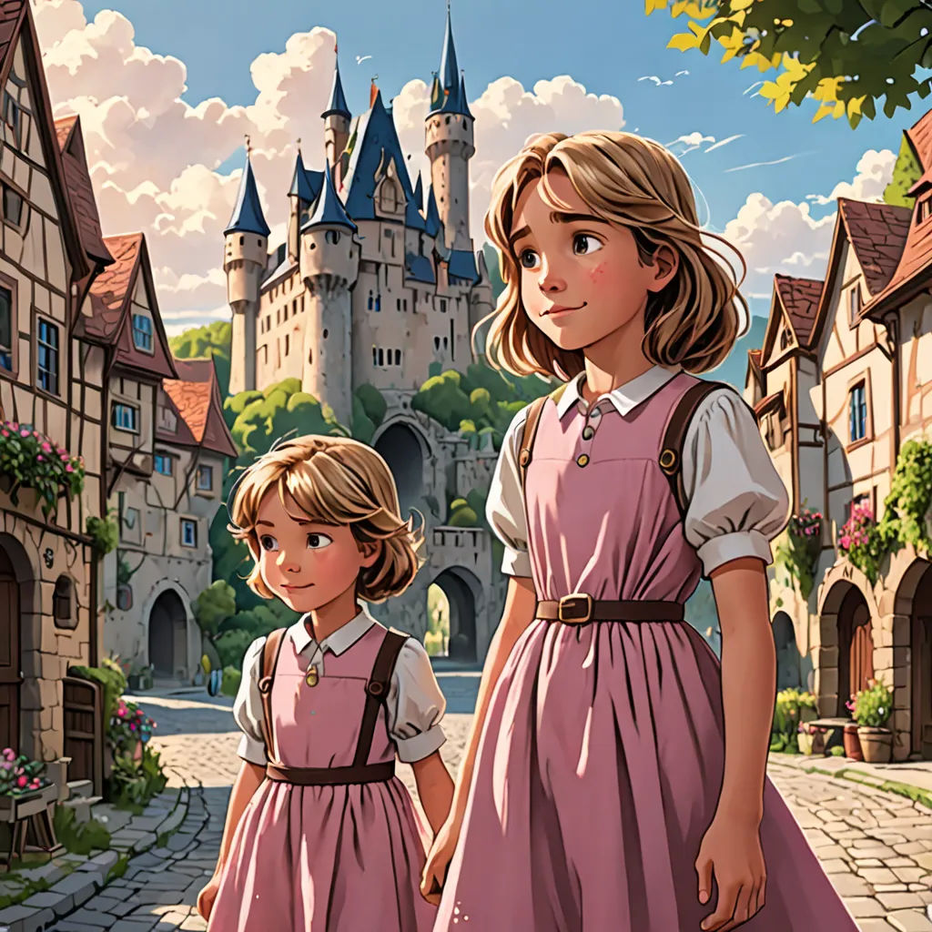 a couple of kids standing next to each other on a street near a castle with turrets on it and a castle in the background, fantasy art, a storybook illustration, Brothers Hildebrandt, rossdraws global illumination