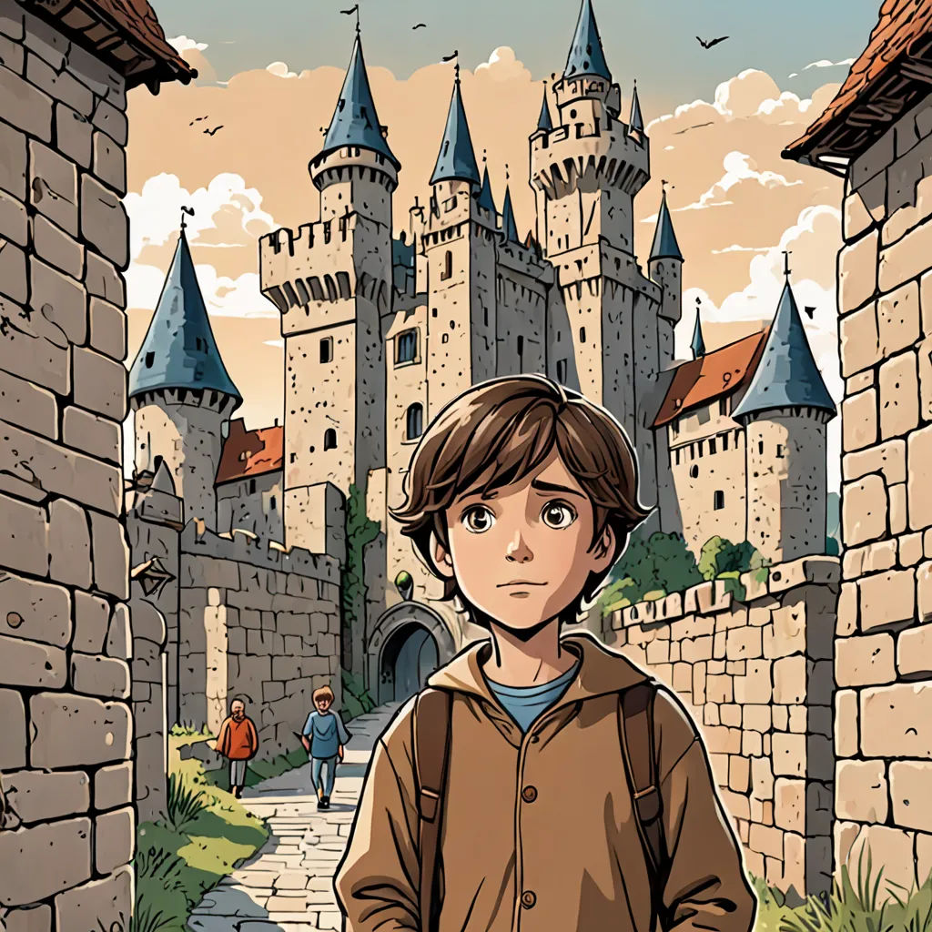 a boy standing in front of a castle with a castle in the background and a bird flying over him, fantasy art, a storybook illustration, Diego Gisbert Llorens, book cover