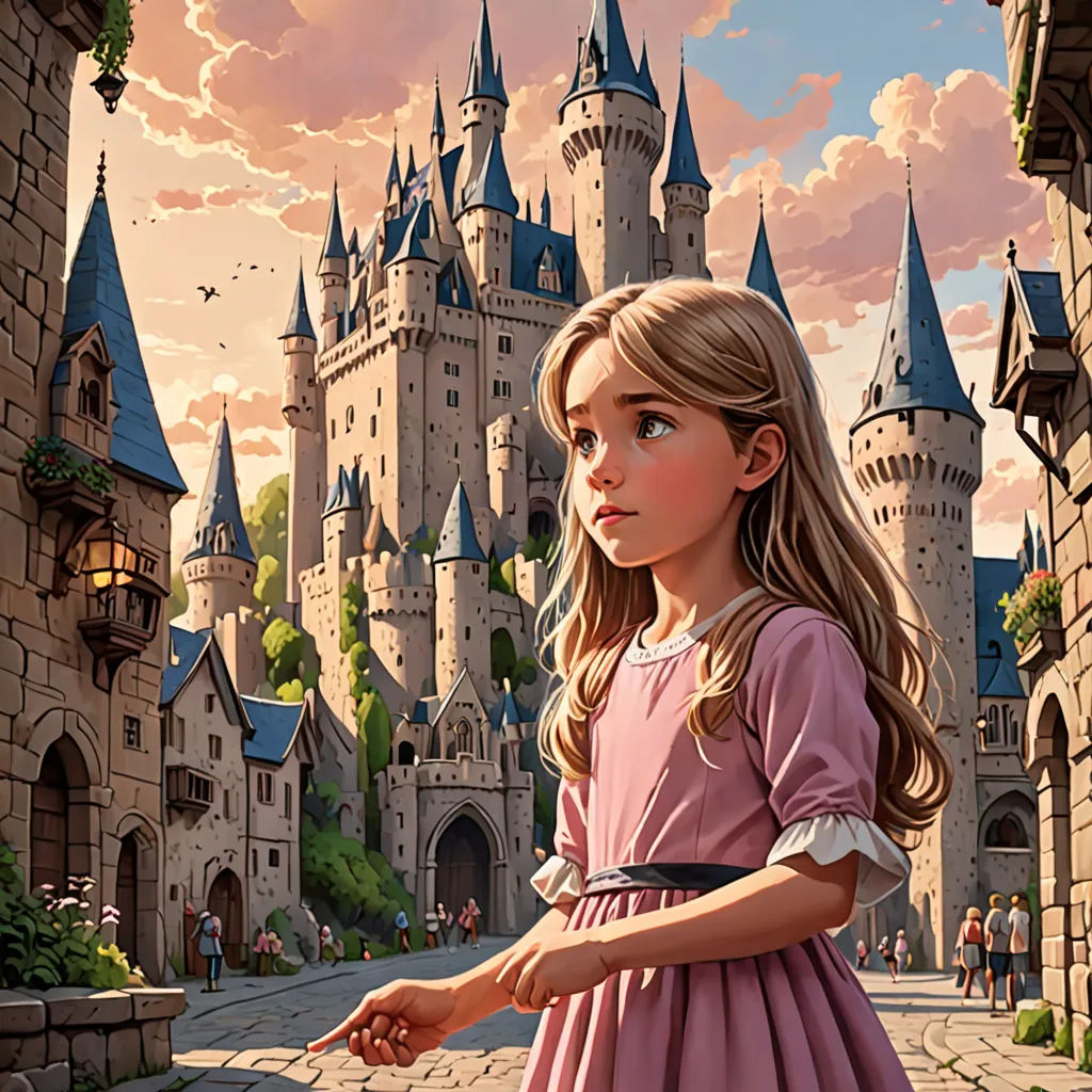 a little girl in a pink dress standing in front of a castle with a pink sky in the background, fantasy art, a storybook illustration, Clint Cearley, kinkade
