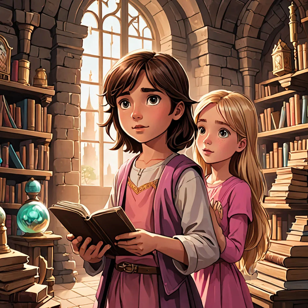 a girl and a girl are standing in a library looking at a book together and reading a book together, fantasy art, a storybook illustration, Cliff Childs, rossdraws global illumination