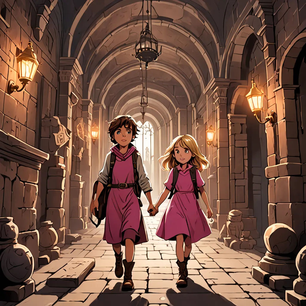 a couple of kids walking down a hallway holding hands and holding hands with each other in the middle of a stone archway, paris school, a storybook illustration, Cliff Childs, rossdraws global illumination