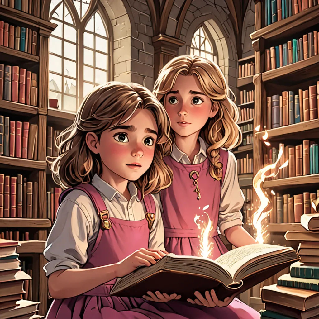 two girls are reading a book in a library with bookshelves full of books behind them and a window, fantasy art, a storybook illustration, Diego Gisbert Llorens, rossdraws global illumination