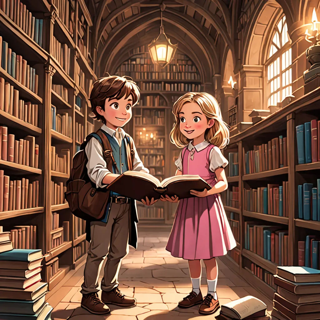 a boy and a girl standing in a library reading a book together, with a bookcase full of books behind them, fantasy art, a storybook illustration, Colin Middleton, storybook illustration