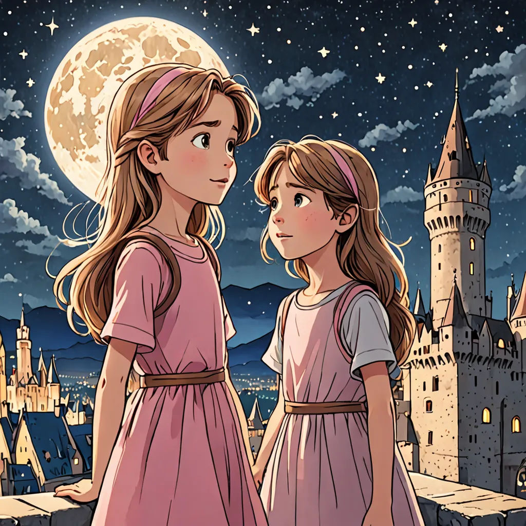 two girls standing in front of a castle at night with a full moon in the background and stars in the sky, fantasy art, a storybook illustration, Cliff Childs, storybook illustration