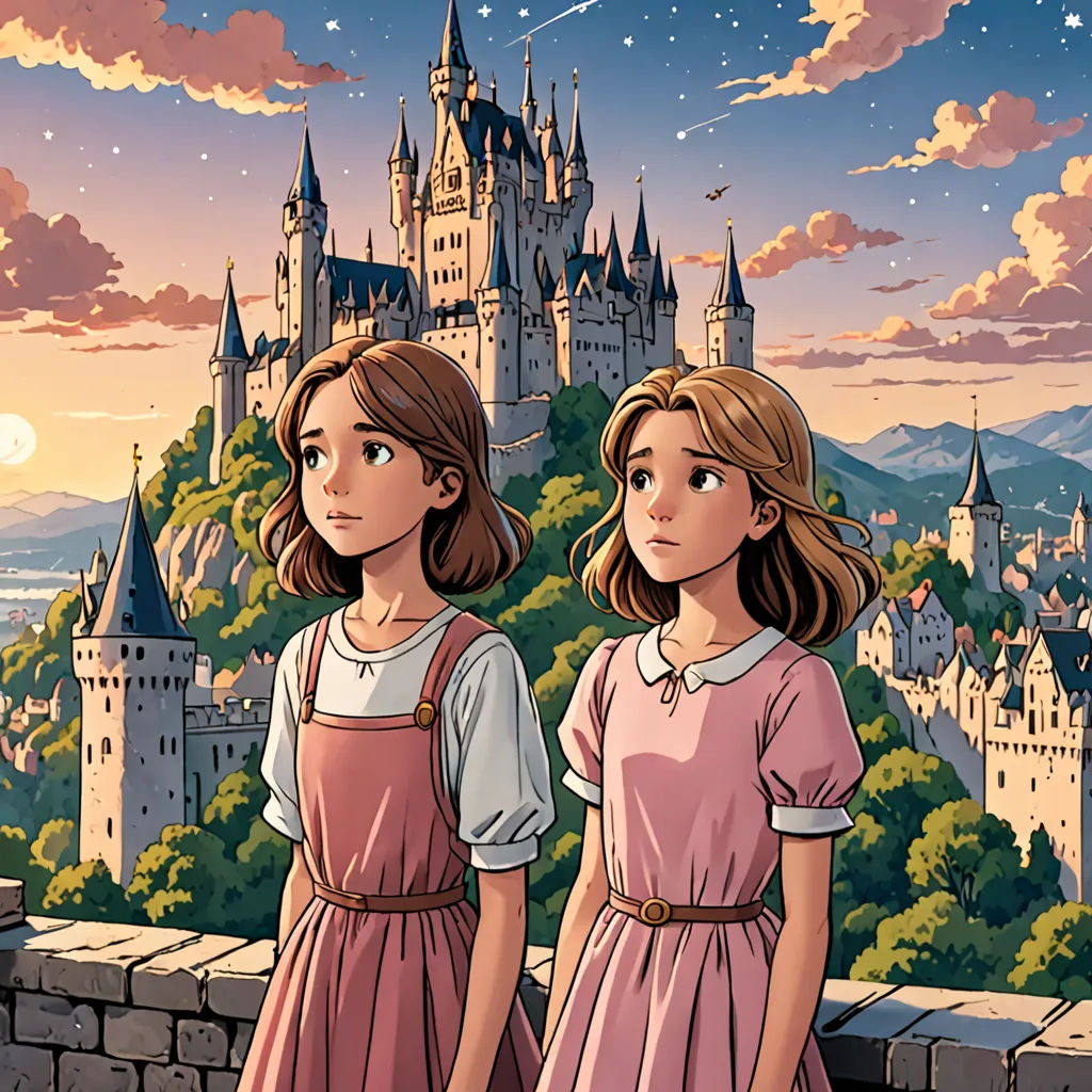 two girls standing in front of a castle with a view of the sky and stars above them, with a castle in the background, magical realism, a storybook illustration, Brothers Hildebrandt, official art