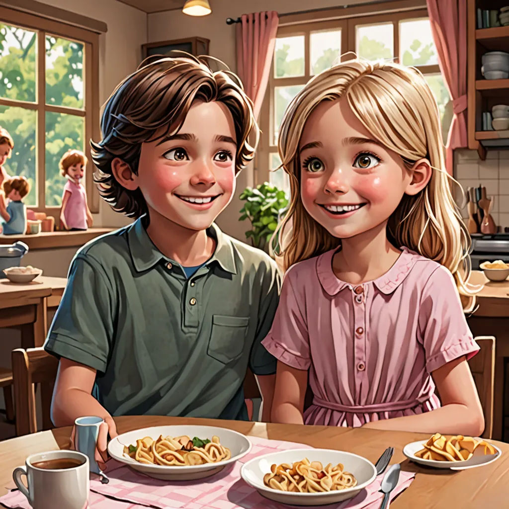 a boy and a girl sitting at a table with a plate of food in front of them and a cup of coffee, american scene painting, a storybook illustration, Bob Byerley, storybook illustration