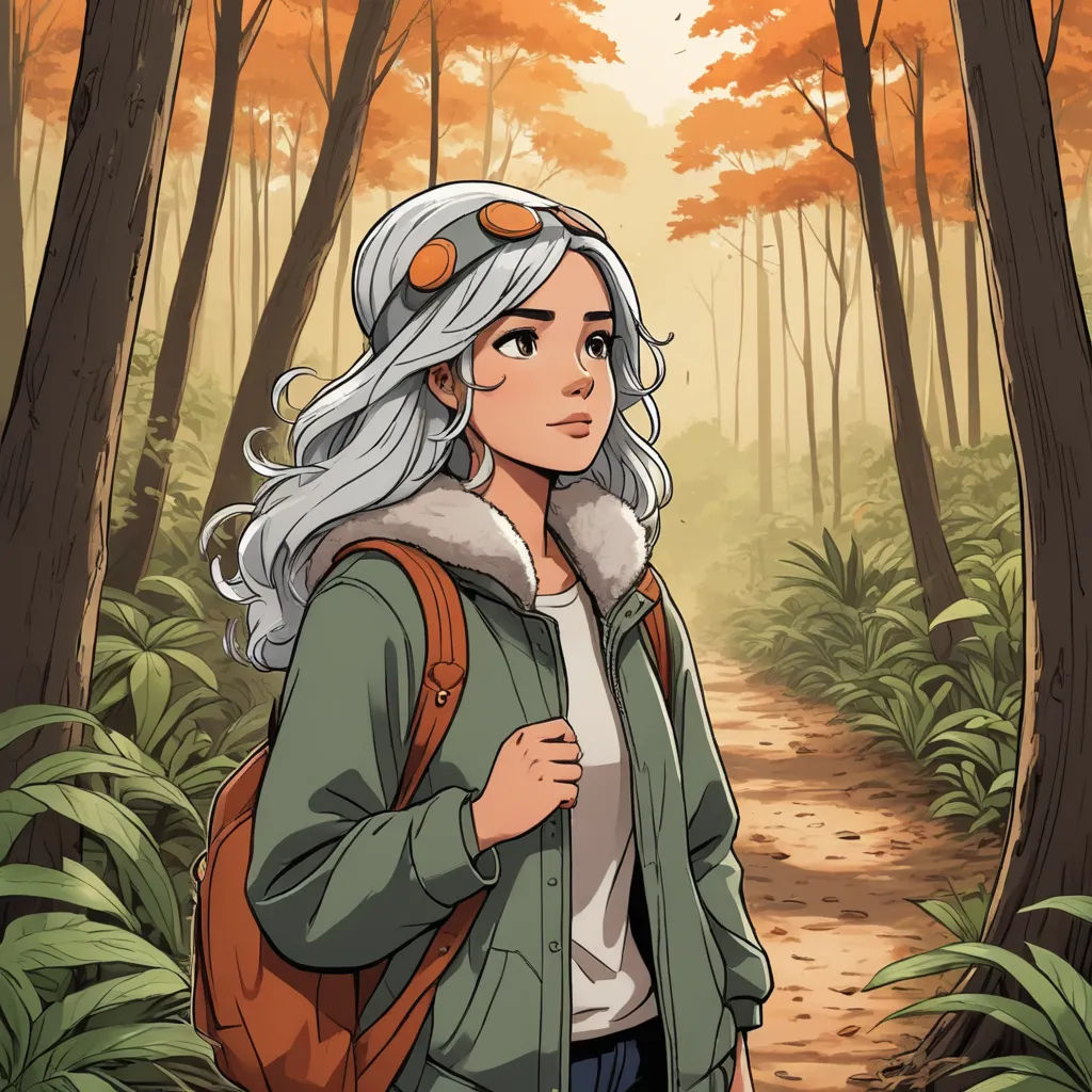 a woman with white hair and a backpack walking through a forest with trees and leaves on the ground,, sots art, a character portrait, Ada Hill Walker, character portrait