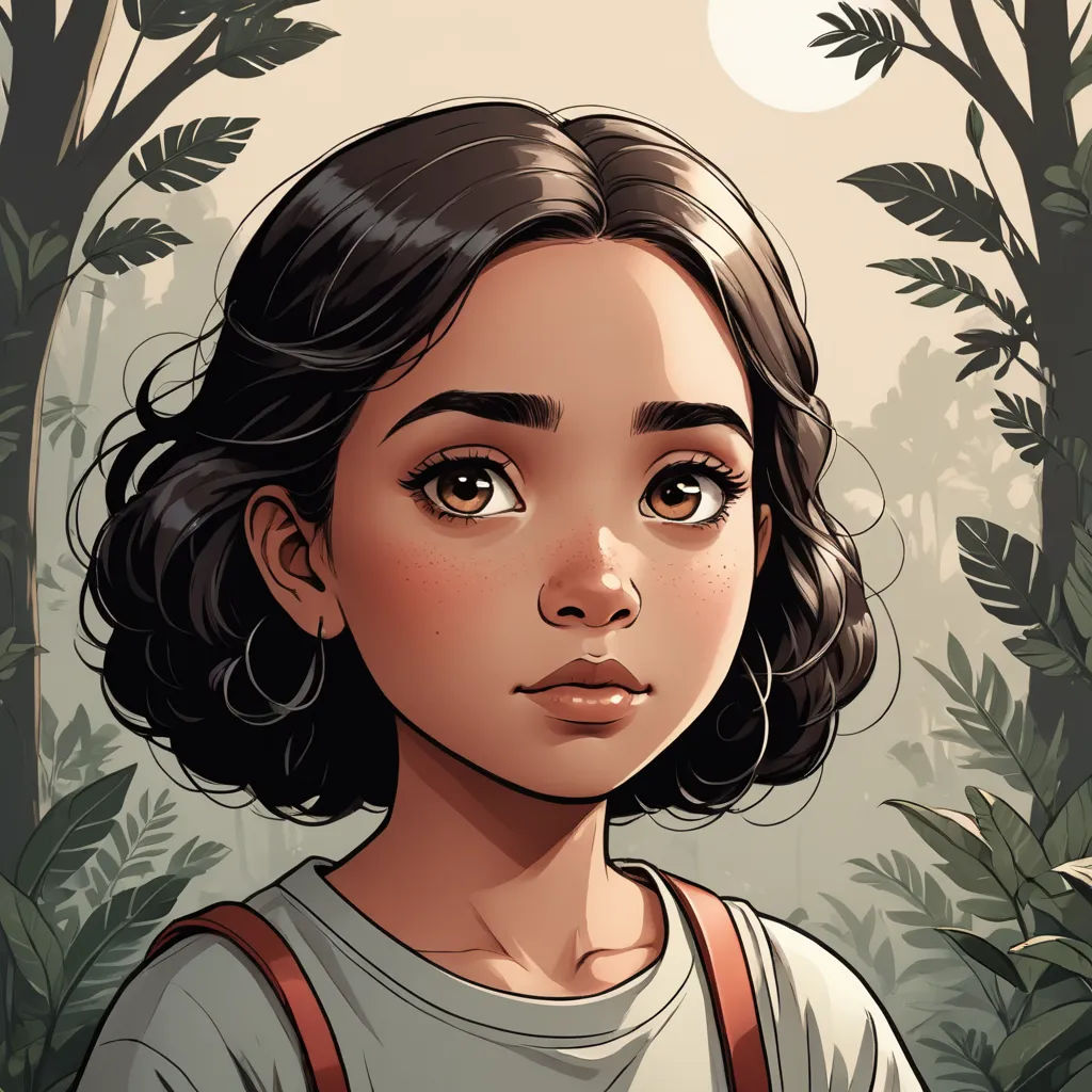 a girl with a backpack standing in front of a forest with trees and leaves on it's face, fantasy art, a character portrait, Atey Ghailan, character portrait