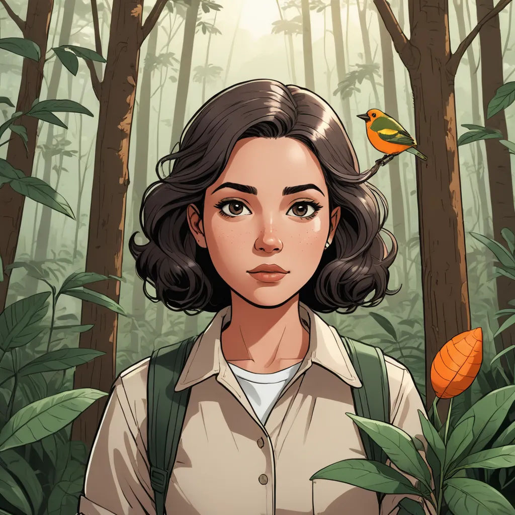 a woman standing in a forest with a bird on her shoulder and a bird on her shoulder, in front of a forest, serial art, a character portrait, Atey Ghailan, comic cover art