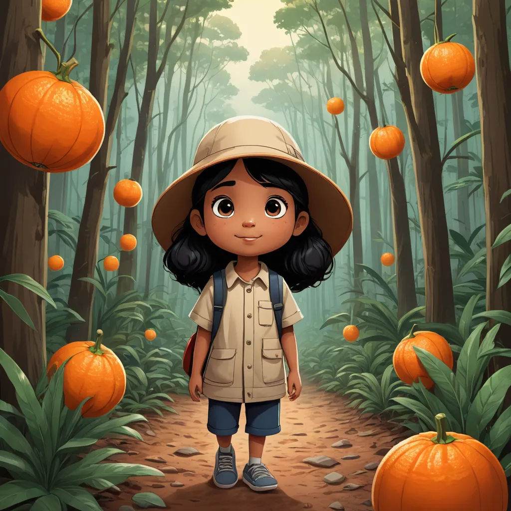 a little girl standing in a forest with lots of oranges on the ground and trees around her, with a hat on, serial art, poster art, Chris LaBrooy, promotional image