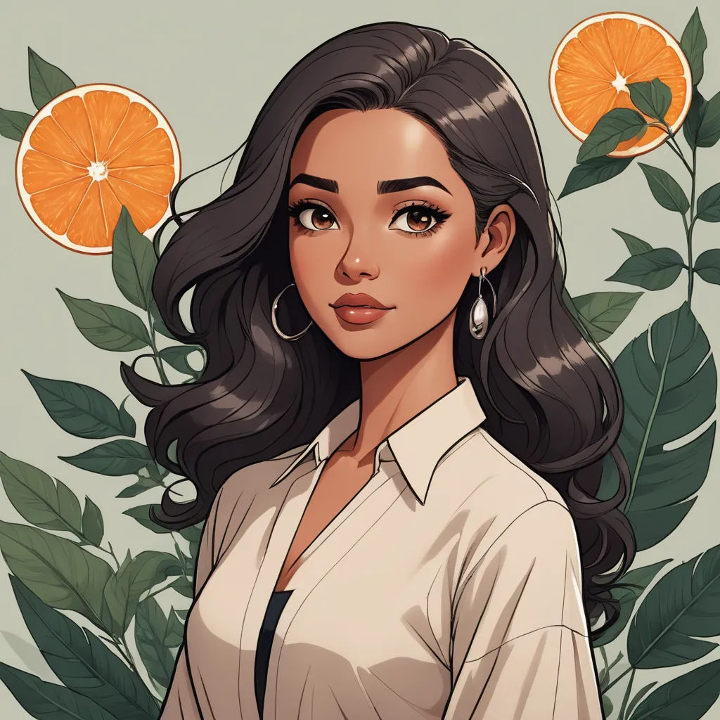 a woman with long black hair and a white shirt is standing in front of oranges and leaves with her eyes closed, fantasy art, a character portrait, Artgerm, orange