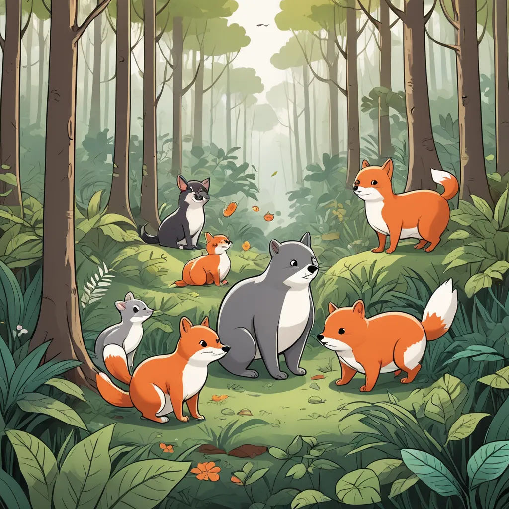 a group of foxes in a forest with leaves and trees around them, with a sun shining through the trees, furry art, a storybook illustration, Diego Gisbert Llorens, promotional image
