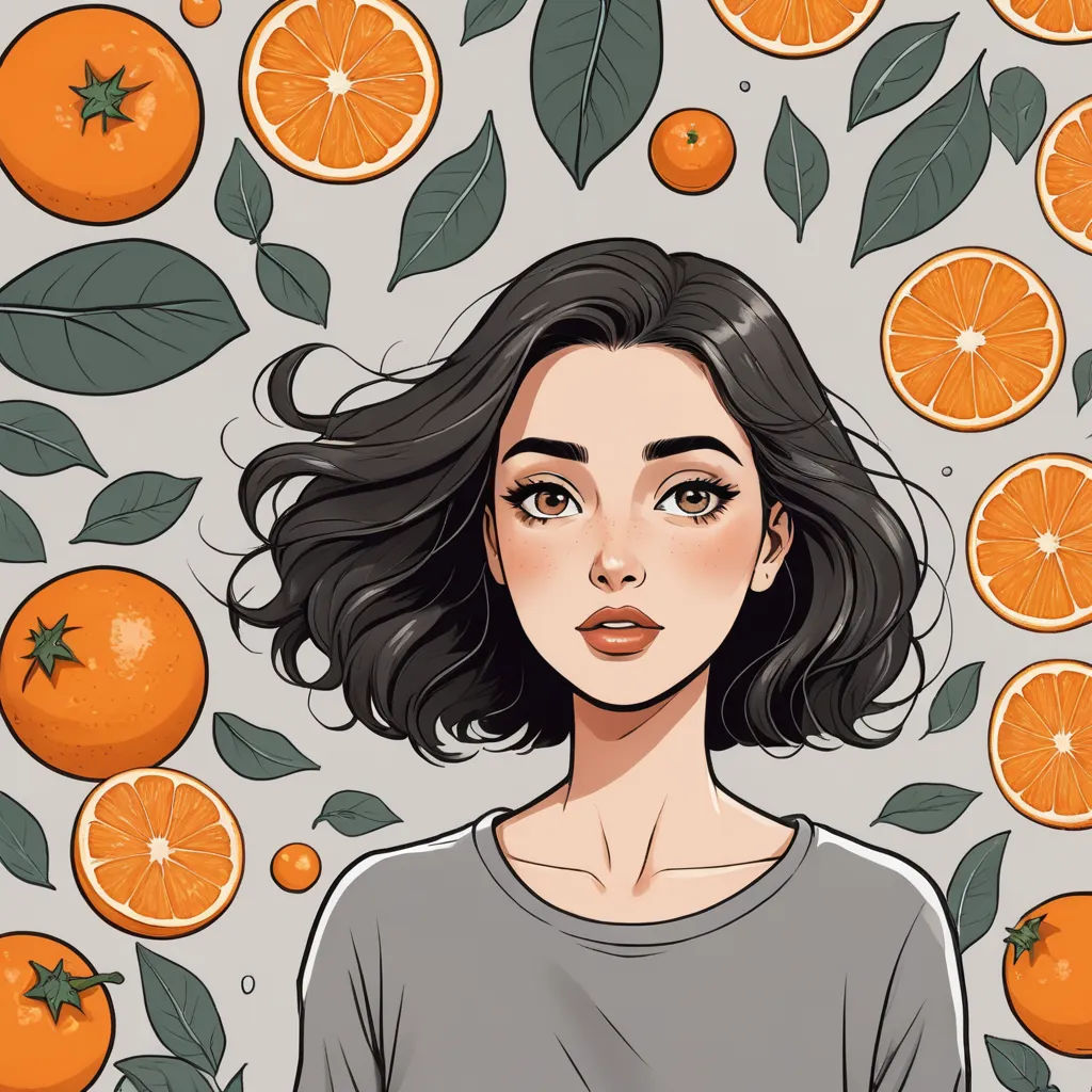 a woman with black hair standing in front of oranges and leaves on a gray background with leaves and leaves, aestheticism, a detailed drawing, Atey Ghailan, trending on art station