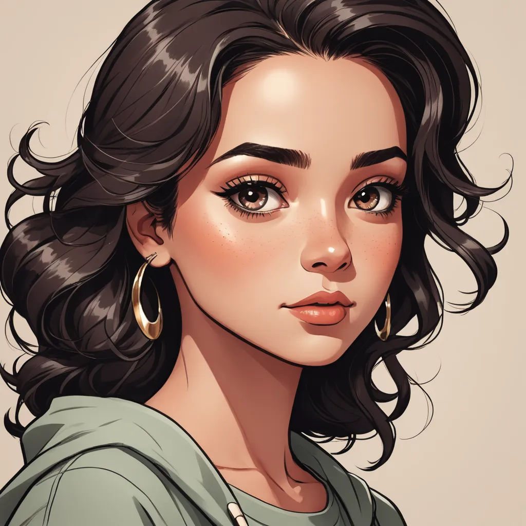 a woman with a green shirt and large hoop earrings on her head, looking at the camera with a serious look on her face, fantasy art, a character portrait, Artgerm, realistic shaded perfect face