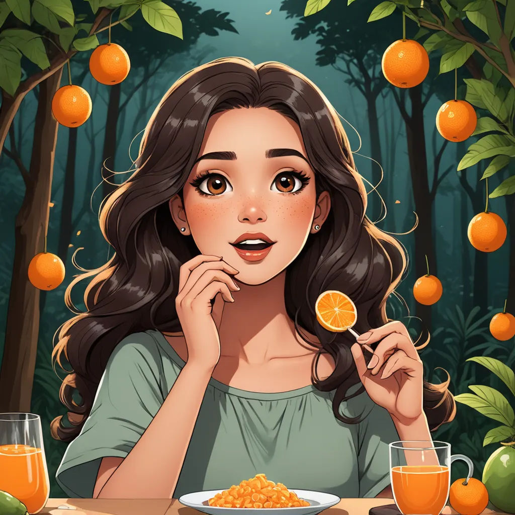 a woman holding a spoon with a orange on it in front of a plate of food and a glass of orange juice, fantasy art, a character portrait, Fan Qi, orange