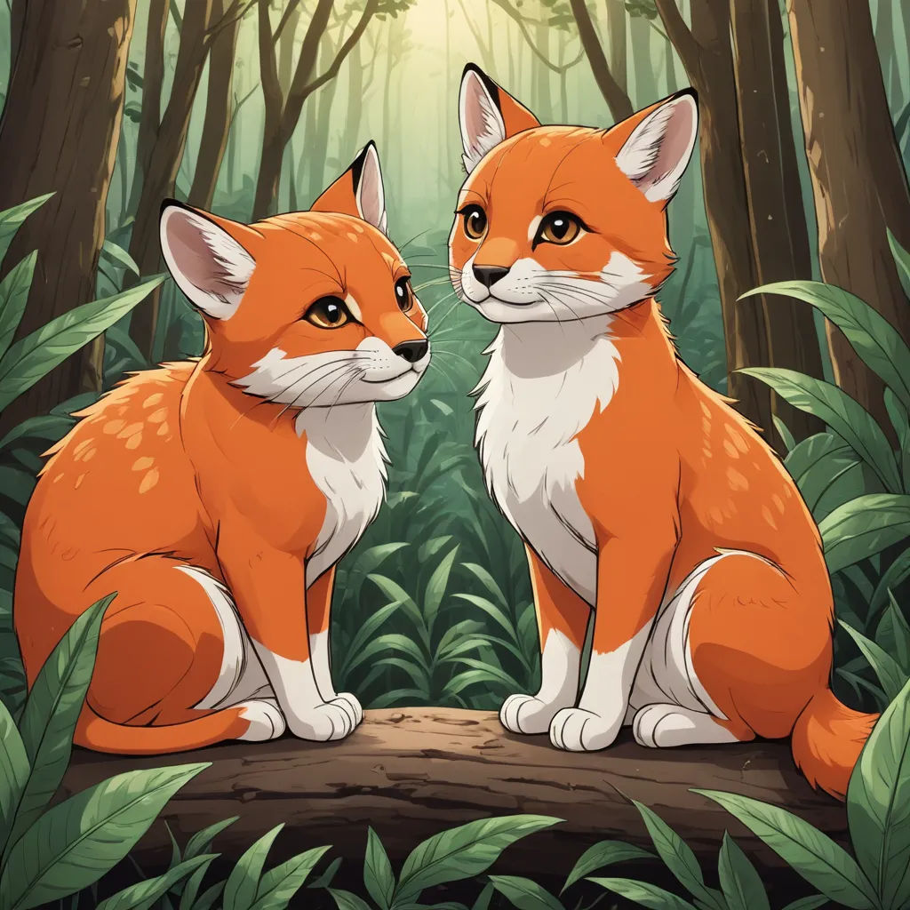 two foxes sitting on a log in a forest looking at each other with a bright light behind them and a forest background, furry art, a storybook illustration, Anne Said, official art