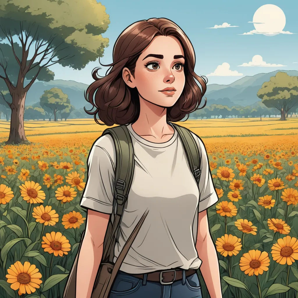 a woman standing in a field of sunflowers with a backpack on her shoulder and a tree in the background, serial art, a character portrait, Cedric Seaut (Keos Masons), comic cover art