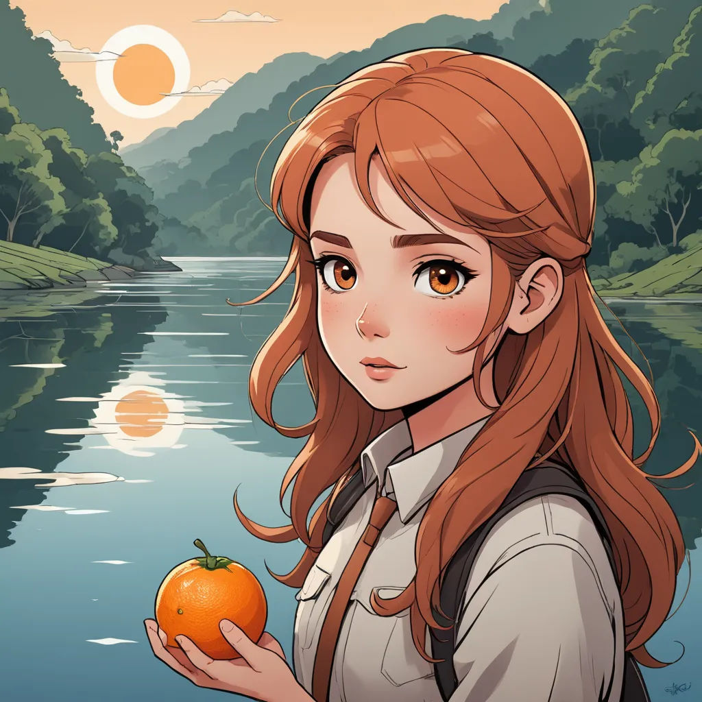 a girl holding an orange in her hand near a river and a forest with a sun in the background, sots art, a character portrait, Atey Ghailan, character portrait