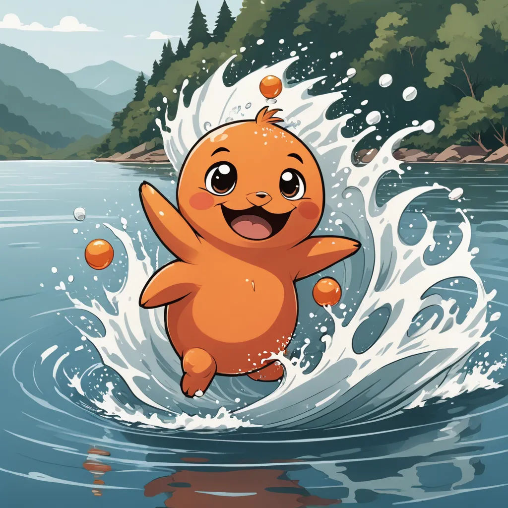 a cartoon character is splashing in the water with orange balls in his hand and a forest in the background, sots art, a comic book panel, Chris LaBrooy, official art