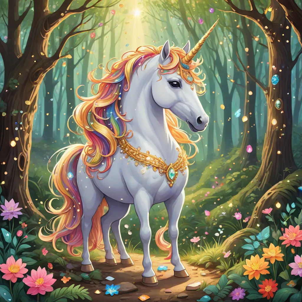 a unicorn standing in a forest with flowers and trees around it, with a bright light shining on its face, fantasy art, a character portrait, Anne Stokes, rossdraws global illumination