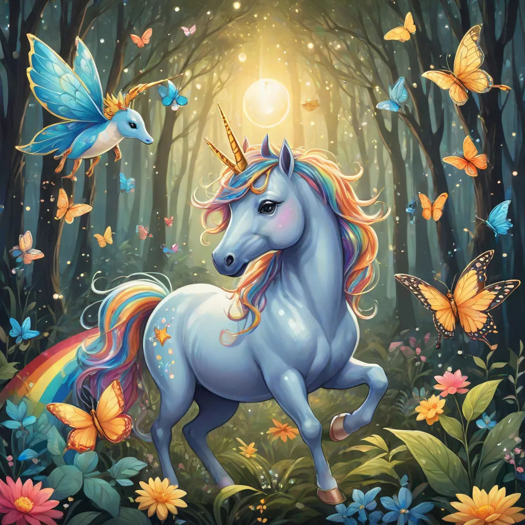 a unicorn with a rainbow mane running through a forest with butterflies and butterflies around it, with a sun shining through the trees, fantasy art, a storybook illustration, Anne Stokes, rossdraws global illumination