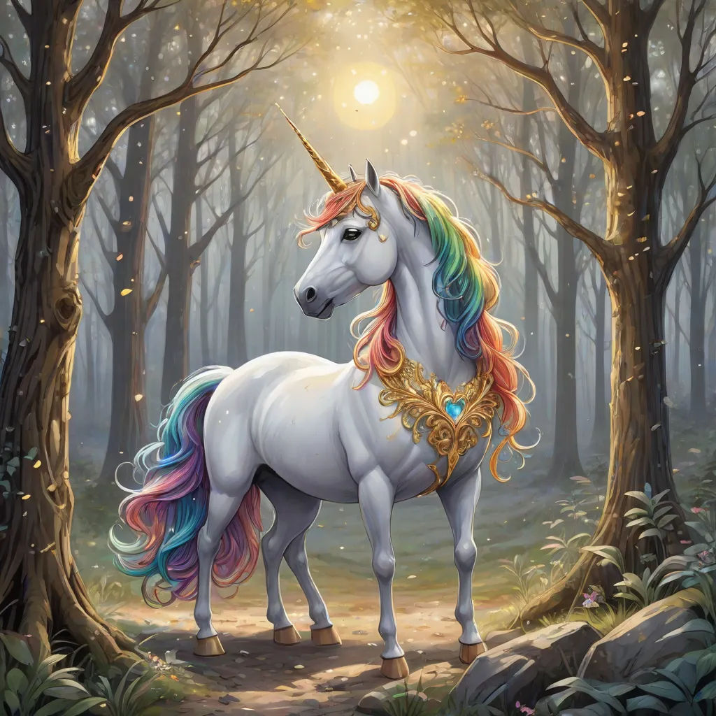 a unicorn standing in the middle of a forest with a golden horn on its head and a golden chain around its neck, fantasy art, an ultrafine detailed painting, Anne Stokes, rossdraws global illumination