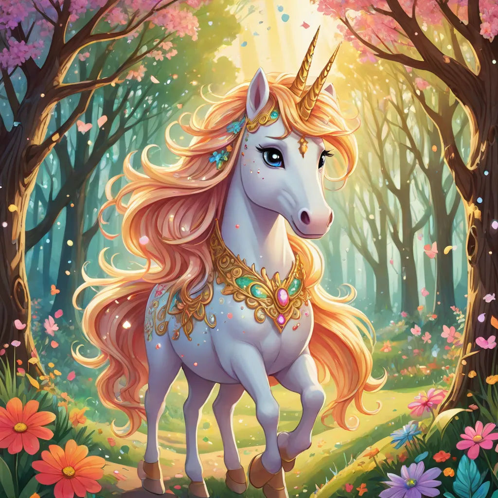 a unicorn with a golden horn standing in a forest with flowers and trees in the background, with a sunbeam shining through the trees, fantasy art, a storybook illustration, Anne Stokes, rossdraws global illumination