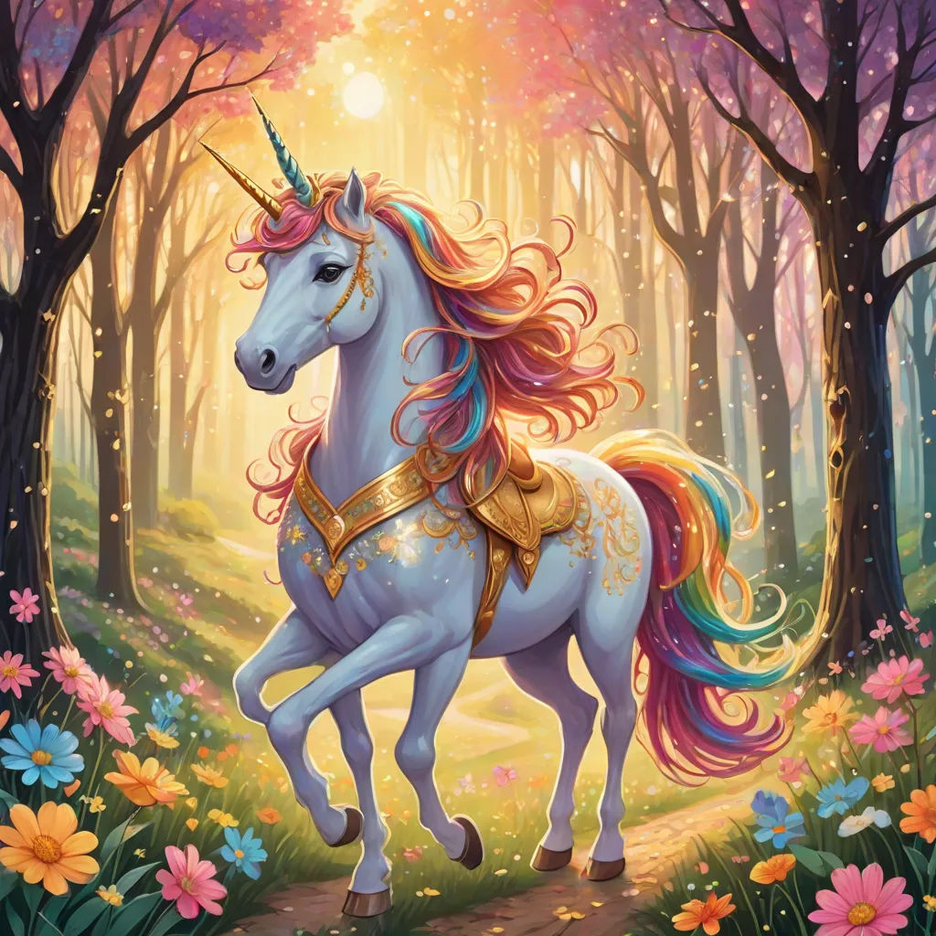a unicorn with a golden crown is standing in the woods with flowers and trees around it, and a path leading to the forest, fantasy art, a storybook illustration, Anne Stokes, rossdraws global illumination