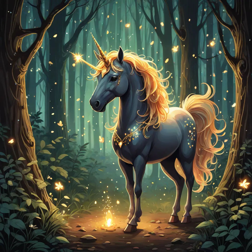 a unicorn standing in the middle of a forest with a firefly on its back and a firefly on its tail, fantasy art, a storybook illustration, Anne Stokes, fantasy artwork