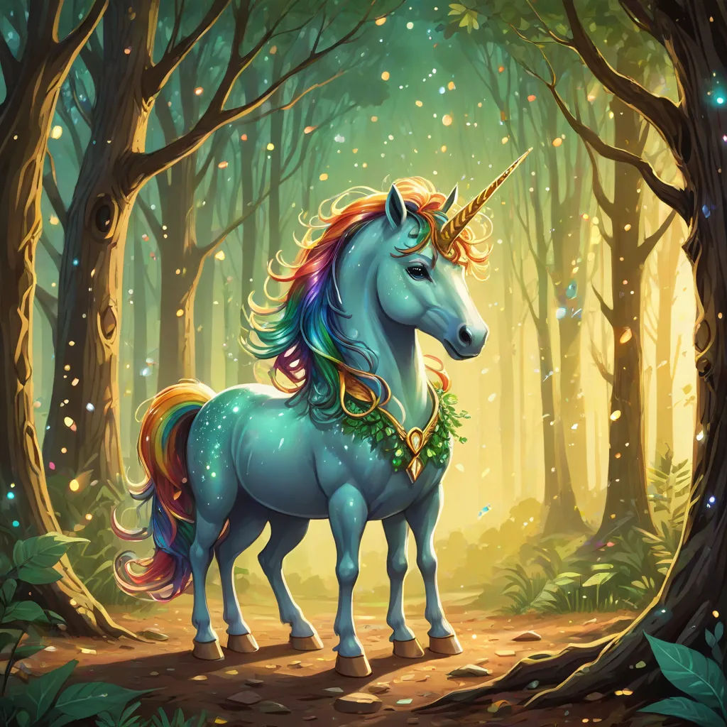 a unicorn standing in the middle of a forest with a wreath on its head and a star on its forehead, fantasy art, a storybook illustration, Anne Stokes, rossdraws global illumination