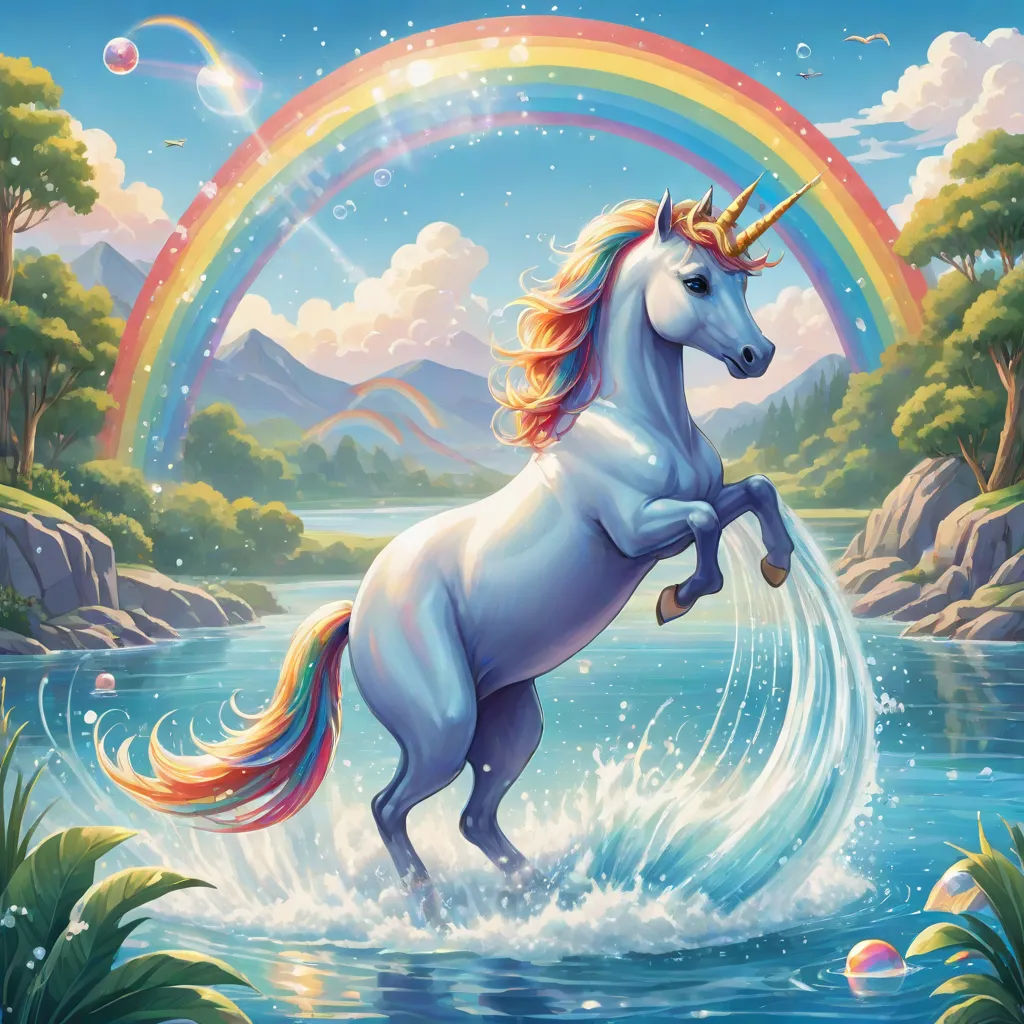 a unicorn is jumping into the water with a rainbow in the background and a rainbow in the sky above, magical realism, a storybook illustration, Chris LaBrooy, magic the gathering artwork