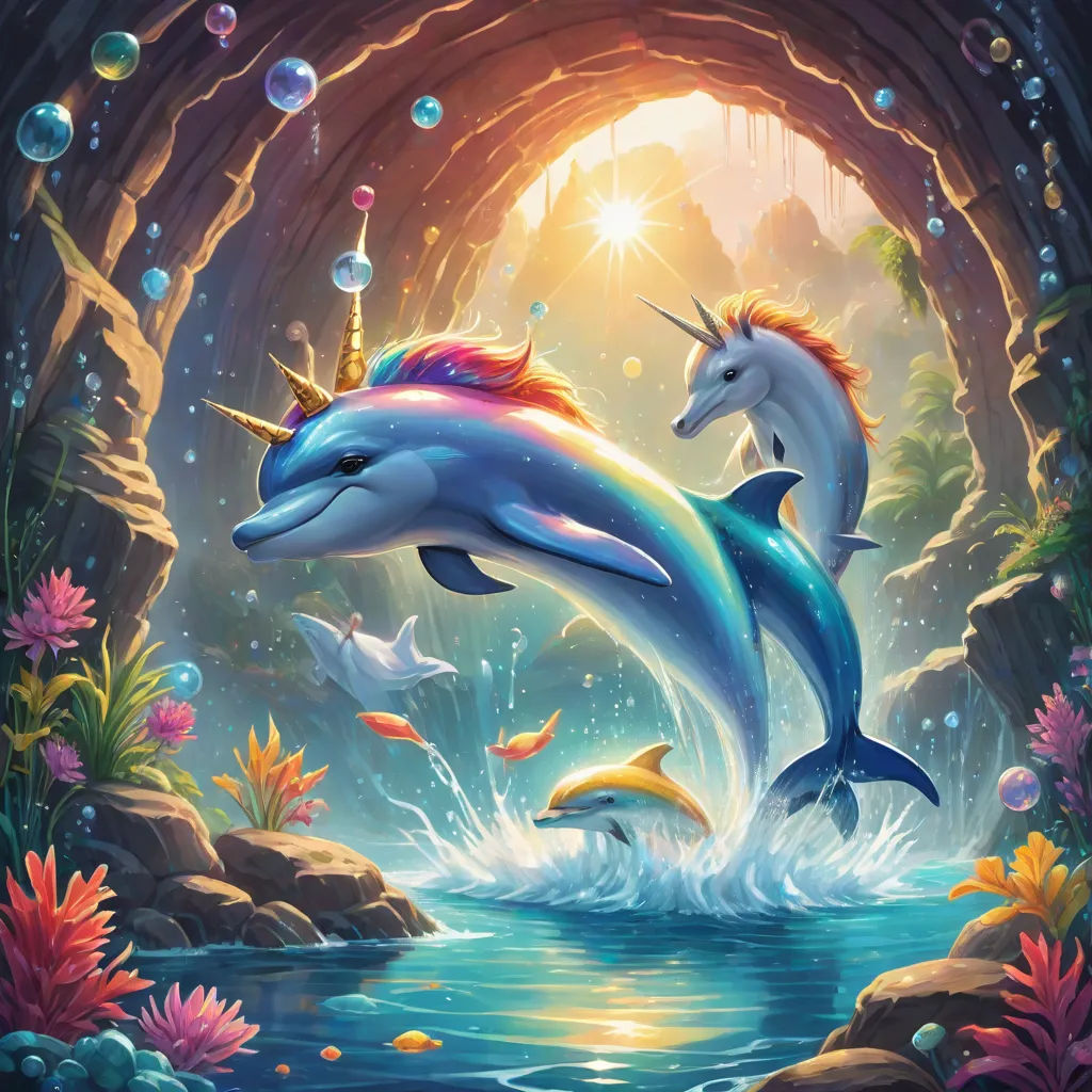two dolphins and a dolphin are jumping out of the water in a cave with bubbles and bubbles on the water, fantasy art, an airbrush painting, Chris LaBrooy, rossdraws global illumination