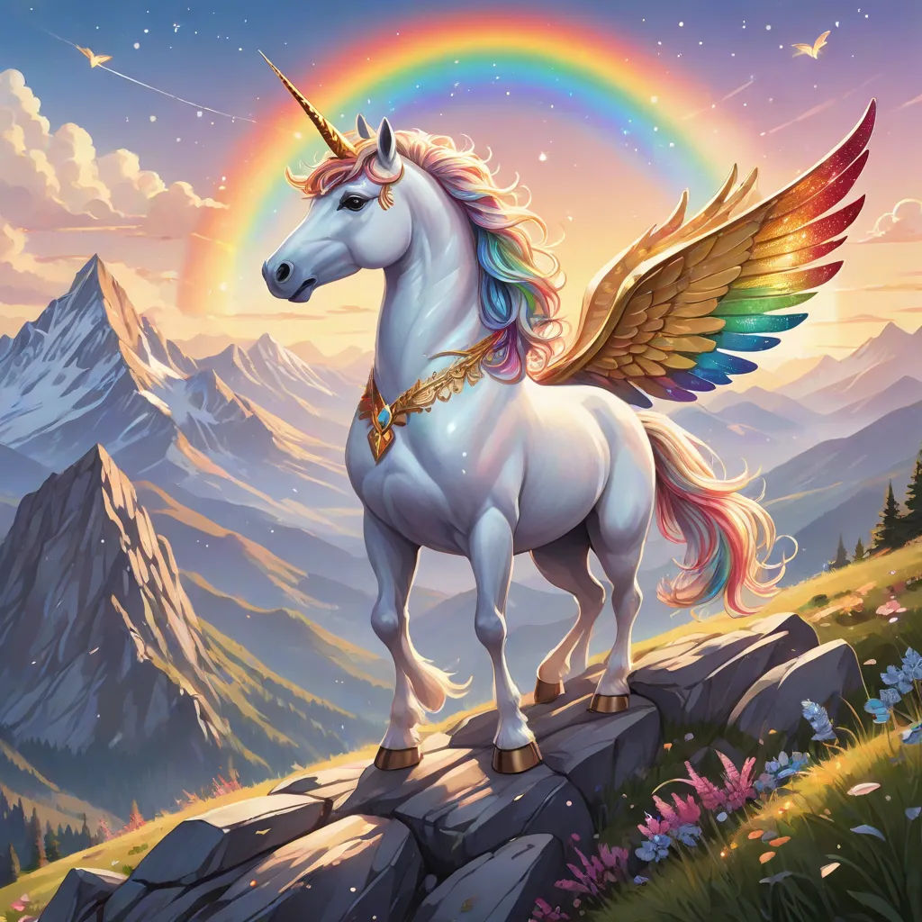 a unicorn with wings standing on a rock with a rainbow in the background and mountains in the background,, fantasy art, an ultrafine detailed painting, Anne Stokes, rossdraws global illumination