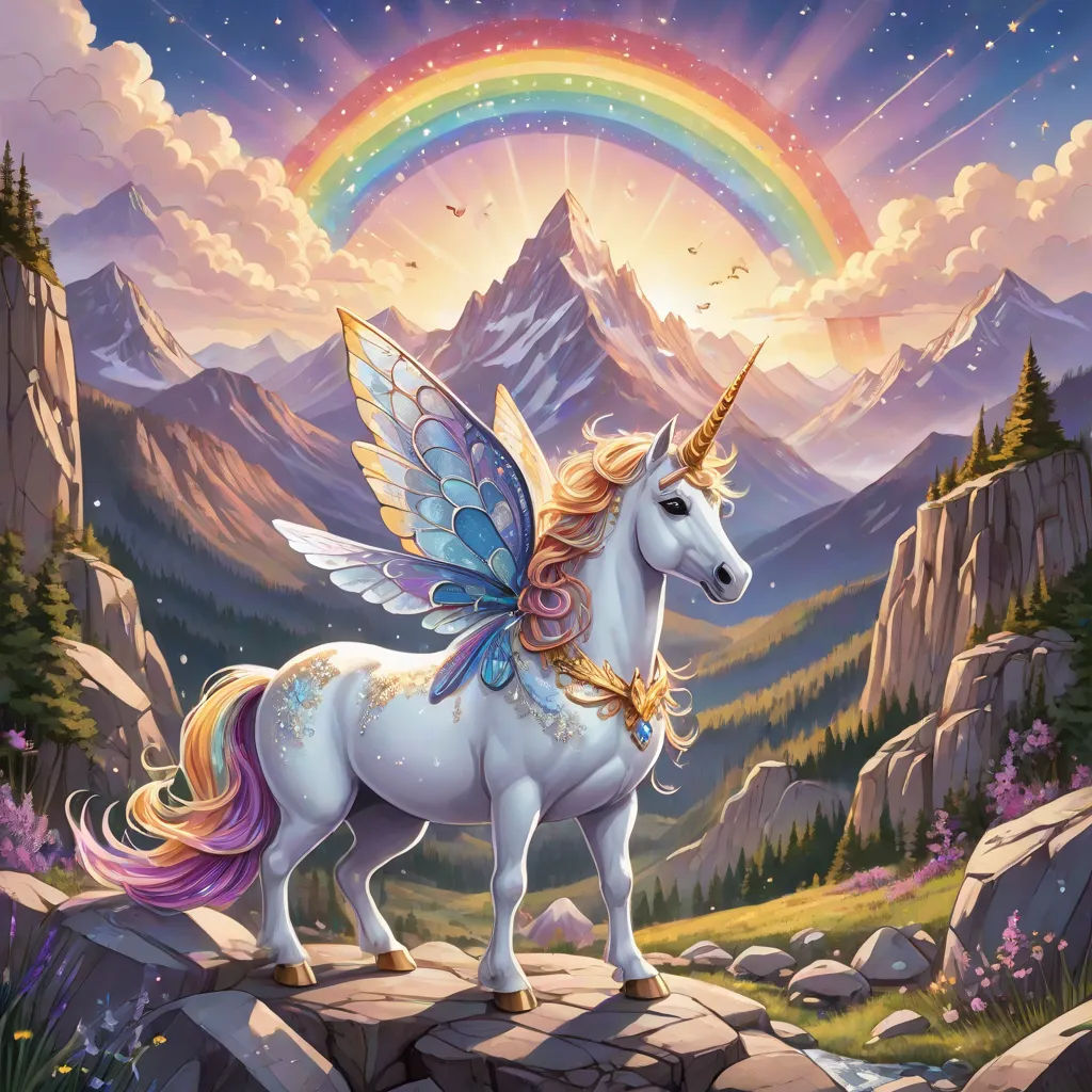 a unicorn with a rainbow on its back standing on a rock in front of a mountain landscape with a rainbow, fantasy art, a storybook illustration, Anne Stokes, rossdraws global illumination