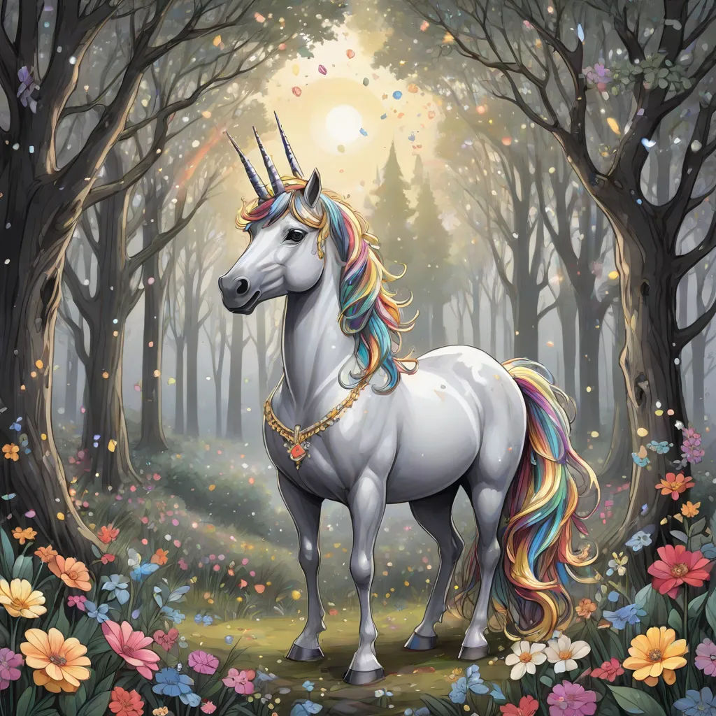 a unicorn with a rainbow mane standing in a forest with flowers and trees around it, with a sun shining through the trees, fantasy art, a character portrait, Anne Stokes, rossdraws global illumination