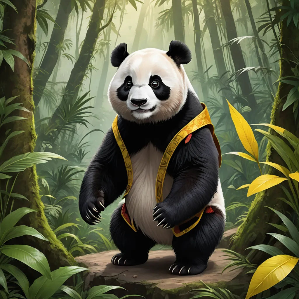 a panda bear standing on a rock in a forest with bamboo trees and plants around it, with a measuring tape around its waist, sots art, a character portrait, Chris LaBrooy, magic the gathering artwork
