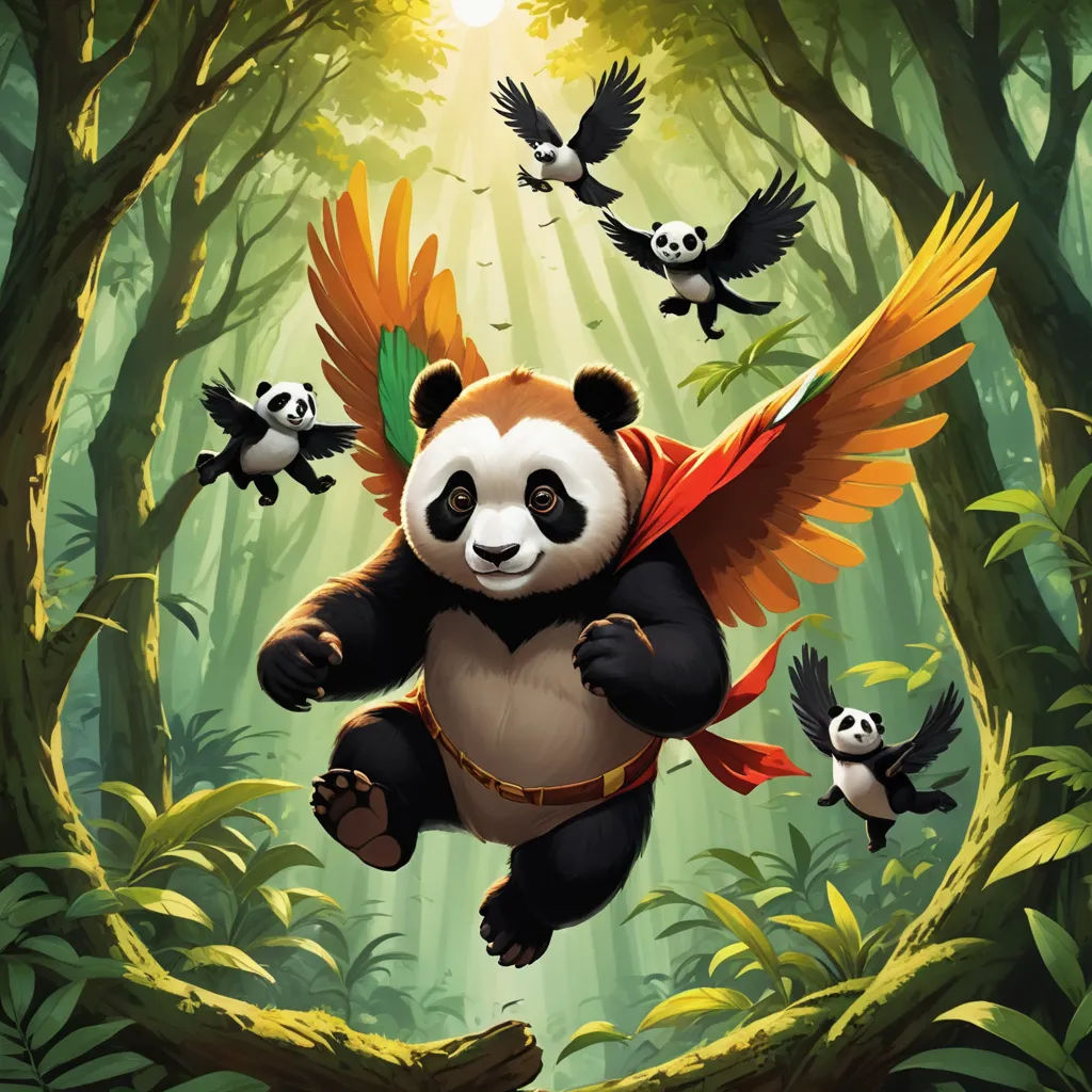 a panda flying through the air with lots of birds around it and a panda bear on the ground with wings, fantasy art, concept art, Fan Qi, splash art