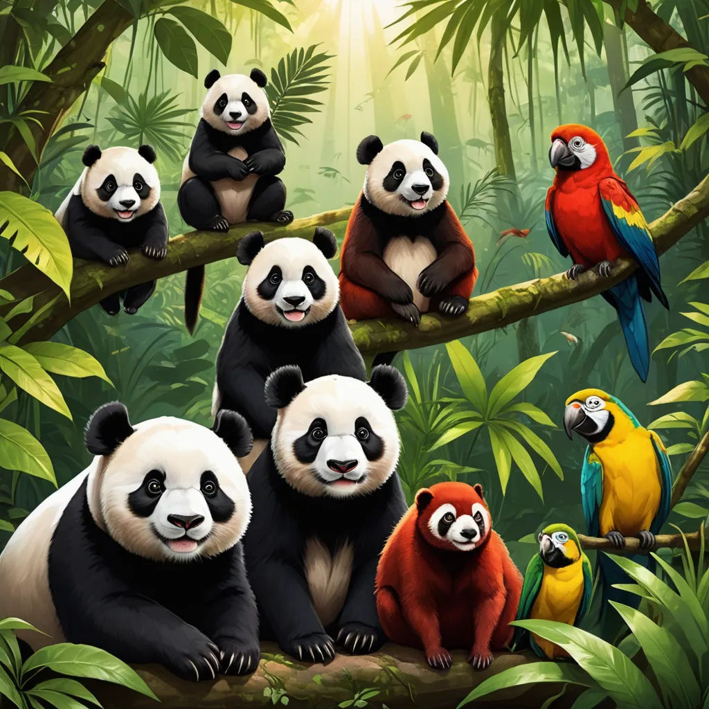 a group of pandas sitting on a tree branch in the jungle with a parrot and a parrot on the branch, serial art, a digital painting, Fan Qi, key art
