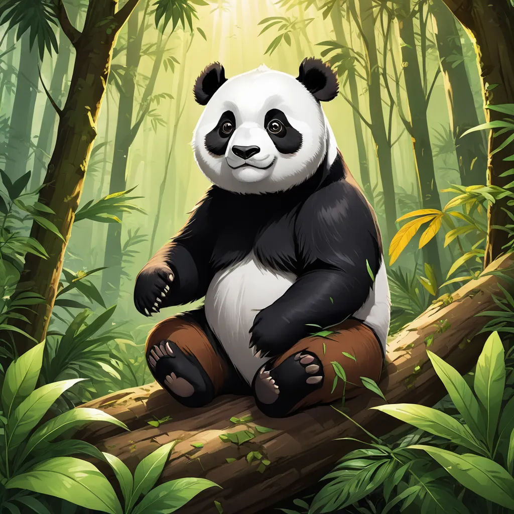 a panda bear sitting on a log in a forest of bamboo trees and ferns, with sunlight streaming through the trees, sots art, a character portrait, Fan Qi, magic the gathering artwork