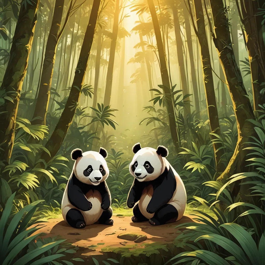 two panda bears sitting in the middle of a forest with sunlight shining through the trees and leaves on the ground, sots art, a digital painting, Andreas Rocha, rossdraws global illumination