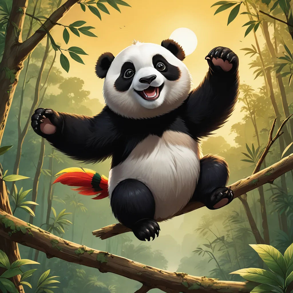 a panda bear is sitting on a tree branch and waving at the camera with his paw up in the air, sots art, a digital painting, Fan Qi, hearthstone